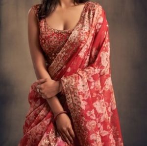 Stunning Red Organza Zari And Sequins Work Floral Wedding Lehenga Choli